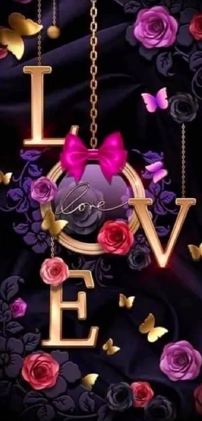 Elegant Love wallpaper with roses and butterflies on a purple background.