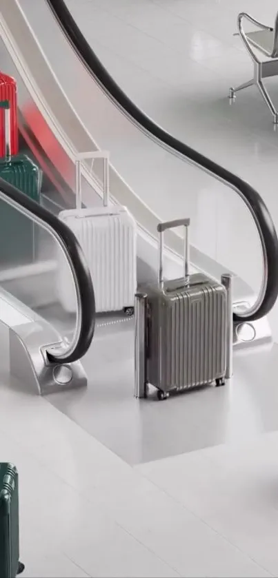 Colorful luggage on a sleek escalator.