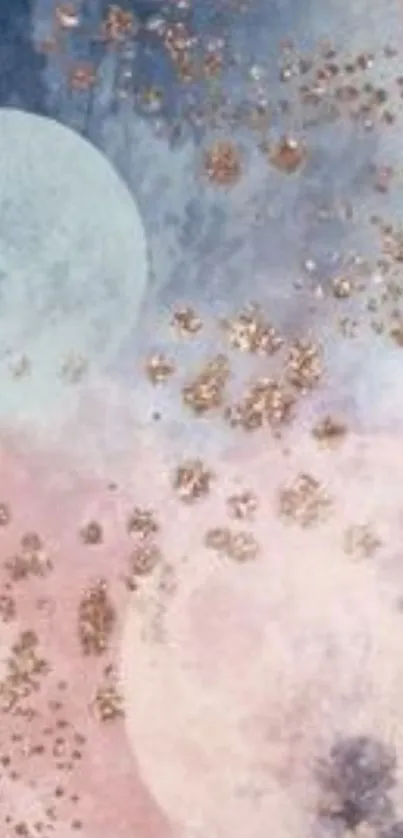 Elegant abstract wallpaper with moons, pastels, and gold glitter accents.