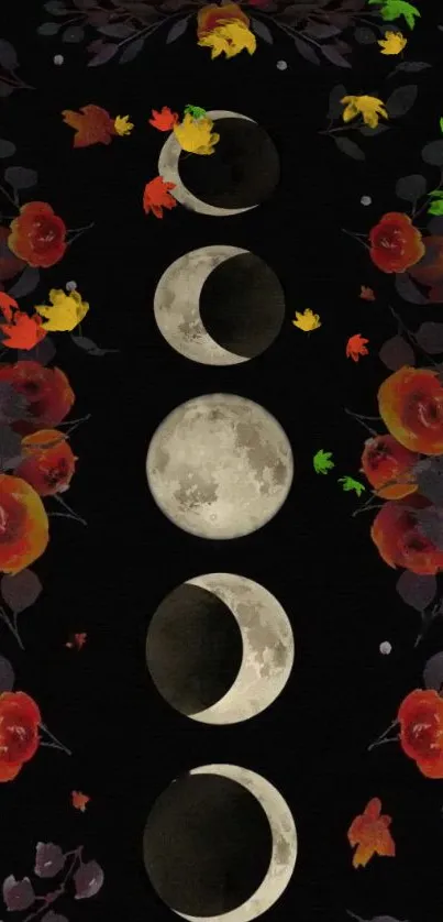 Mobile wallpaper with moon phases and floral design on a black background.