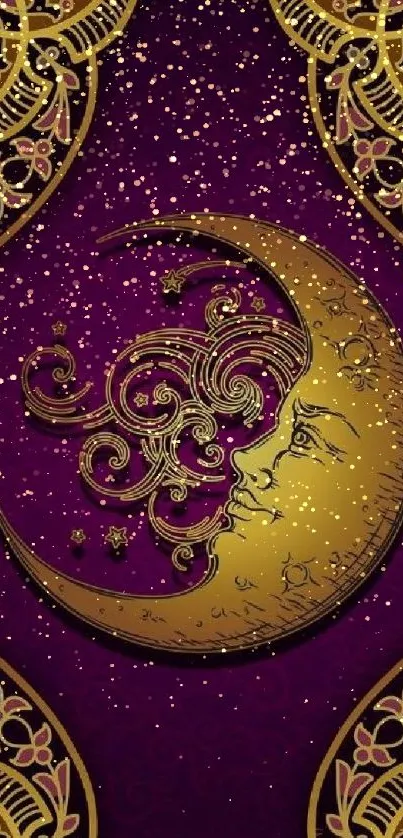 Crescent moon with gold design on purple background.