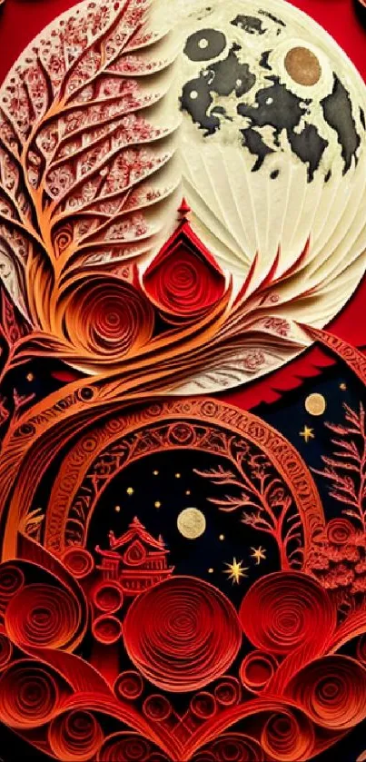 Intricate quilling art depicting a red lunar scene with detailed nature elements.