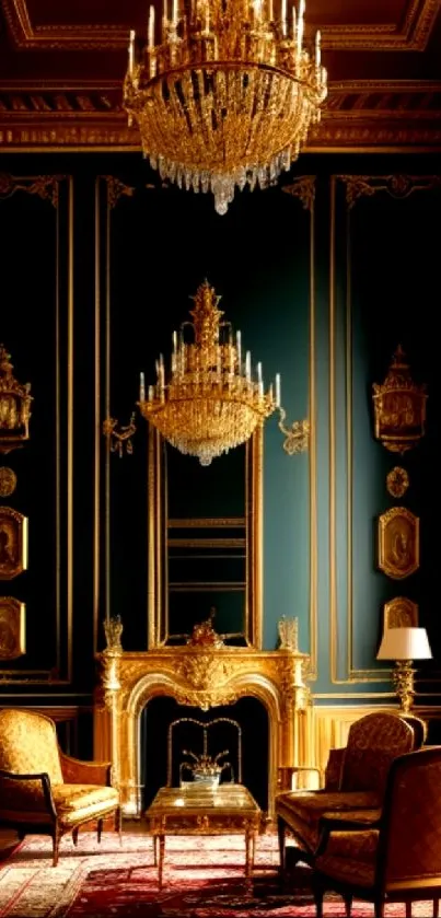 Luxurious interior with chandeliers and elegant classic decor.