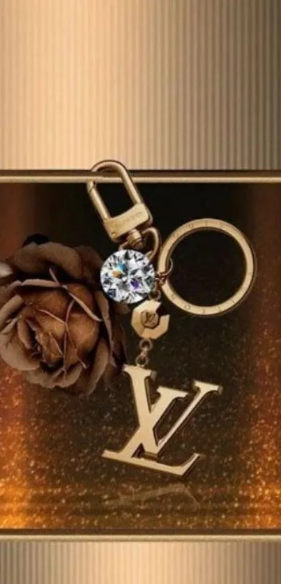 Luxurious keychain with rose on gold background wallpaper.