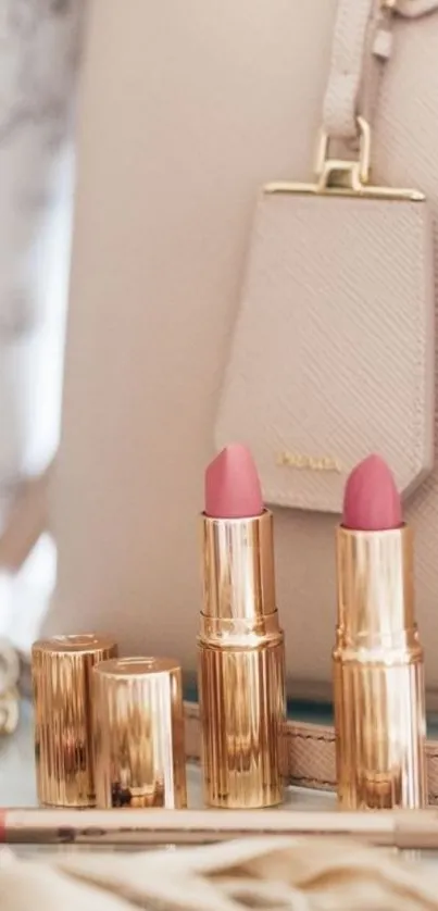 Elegant display of pink lipsticks and beige handbag.