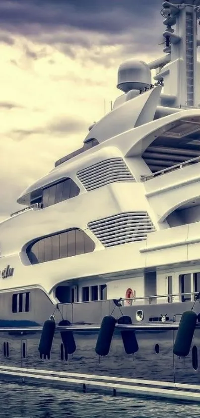 Luxury yacht on water under moody sky wallpaper.