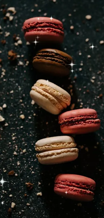 Elegant arrangement of colorful macarons on dark textured background.