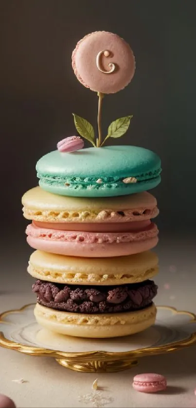 Colorful macaron stack on a decorative plate in pastel tones.