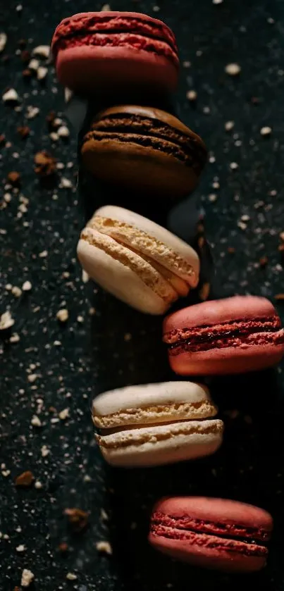 Colorful macarons on dark textured surface.