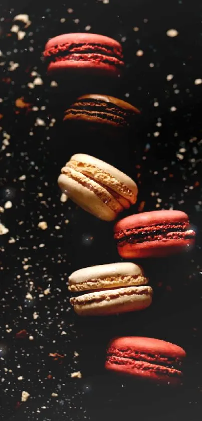 Elegant macarons on a dark, textured background with vibrant colors.