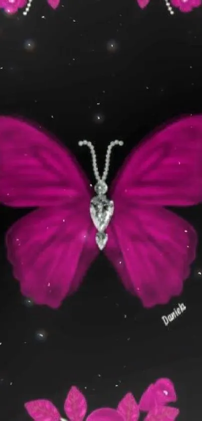 Magenta butterfly with floral accents on a black background.