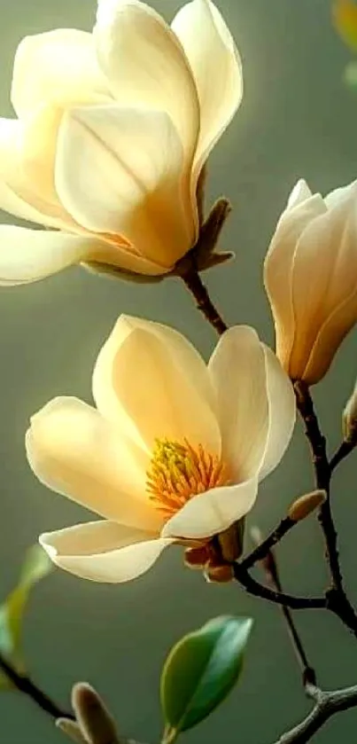 Close-up of elegant magnolia blossoms on a branch with green leaves.