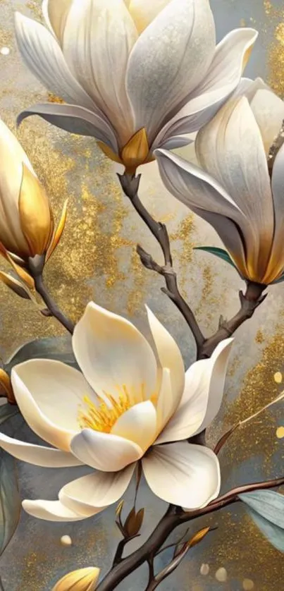 Magnolia flowers with gold accents on a branch.