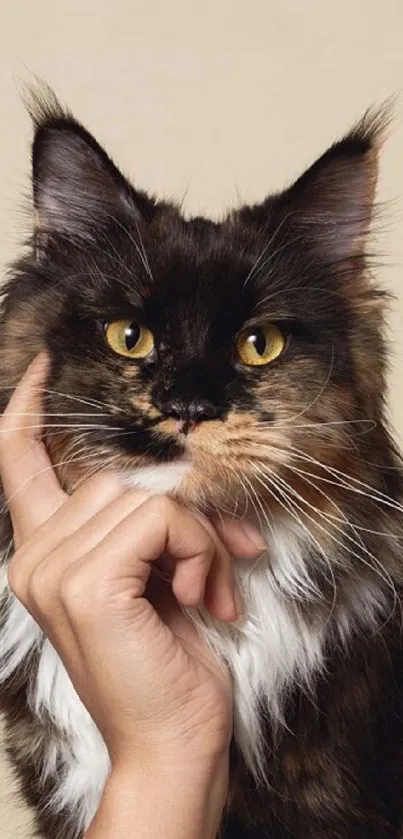 Maine Coon cat with yellow eyes and fluffy fur against a beige background.