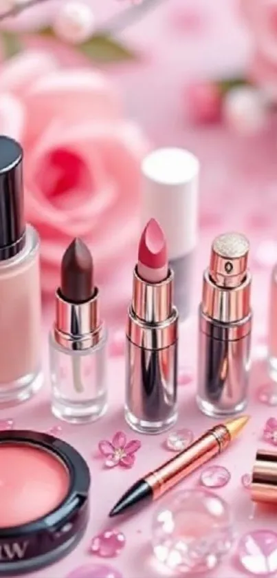 Pink makeup and roses wallpaper with elegant beauty products.