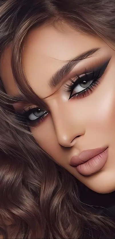 Stylish woman with elegant makeup art on wallpaper.