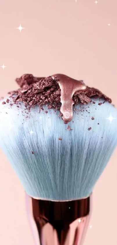 Pastel makeup brush with powder on light pink background.