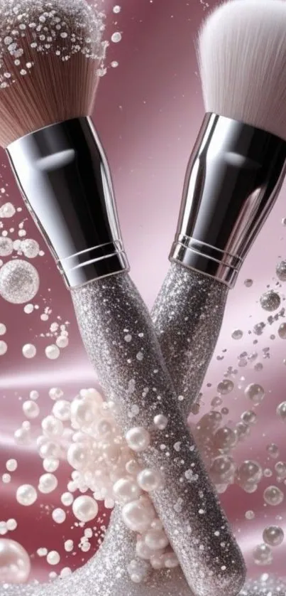 Elegant pink wallpaper with makeup brushes and pearls.