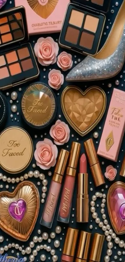 Luxurious makeup collection with pinks and golds, set against a dark background.