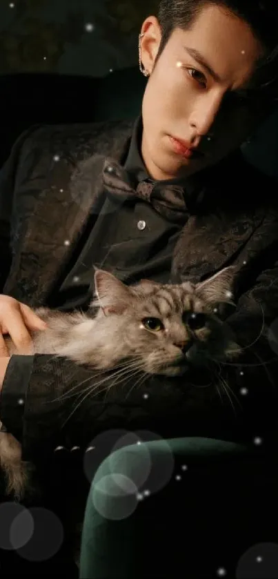 Man in dark suit holding a Maine Coon cat in a luxurious setting.