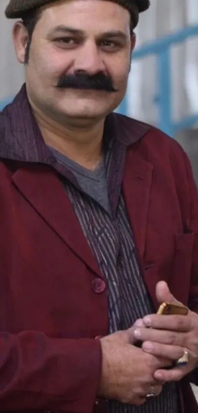 Man in burgundy jacket with brown hat.