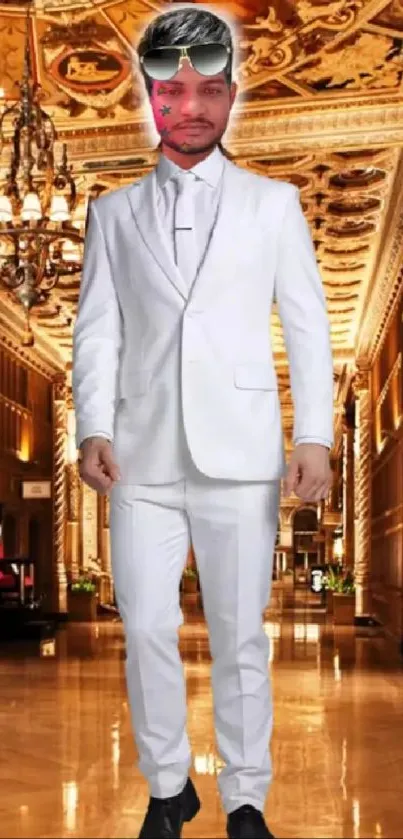 Man in white suit standing in ornate hallway with golden decor.