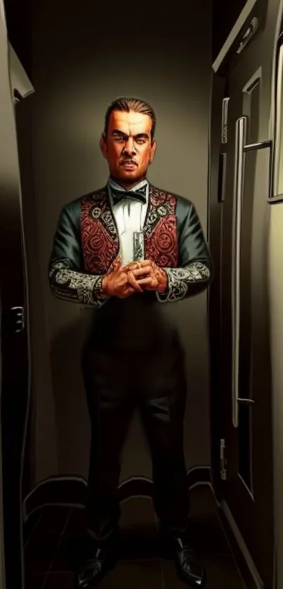 Digital artwork of a gentleman in a corridor wearing formal attire.