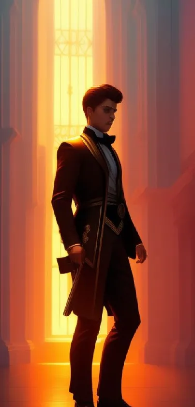 Man in formal attire backlit by glowing sunlight in an elegant hallway.