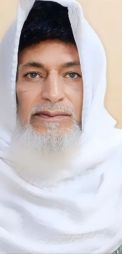 Portrait of an elderly man in a white cloak, conveying elegance and serenity.