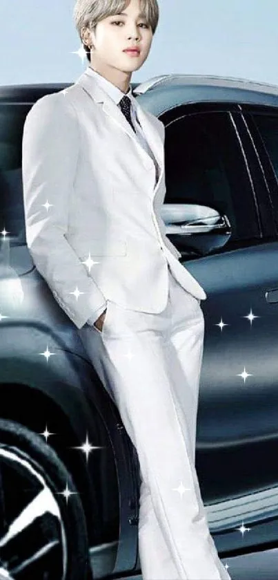 Man in white suit leaning on a car, stylish mobile wallpaper.