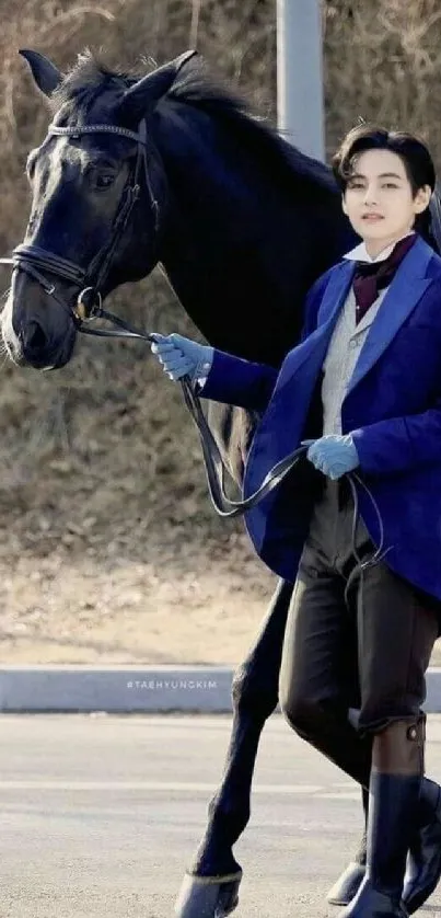 Elegant man in blue coat leading a black horse outdoors.