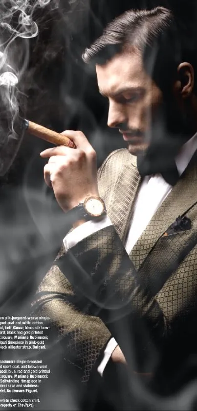 Man in elegant dark green suit holding a cigar, with smoke swirling around.