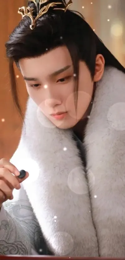 Man in fur-collared robe holding game piece in contemplative pose.