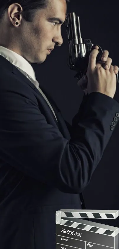 Elegant man in black suit holding a gun on a dark background wallpaper.