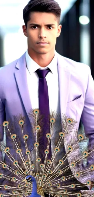 Man in lavender suit with peacock feathers design