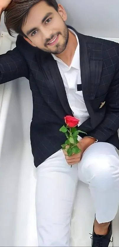 Man in a suit holding a red rose while sitting elegantly.