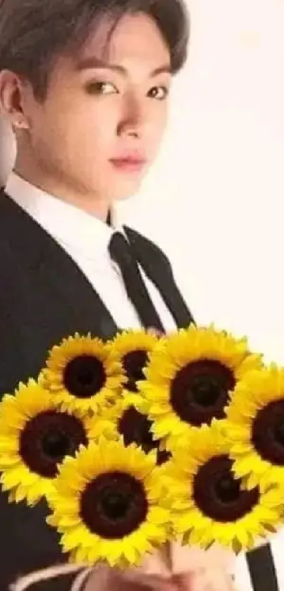 Elegant man holding sunflowers in portrait wallpaper.