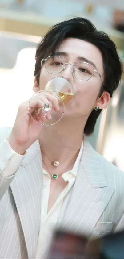 Man in a stylish suit sipping wine from a glass, exuding elegance.