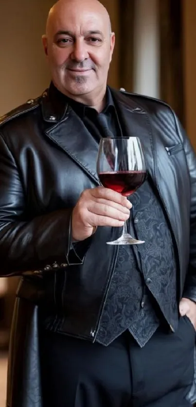 Elegant man with leather jacket and wine glass.