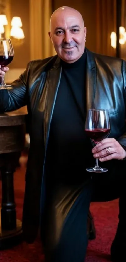 Man in a leather jacket holding two wine glasses in a dimly lit room.