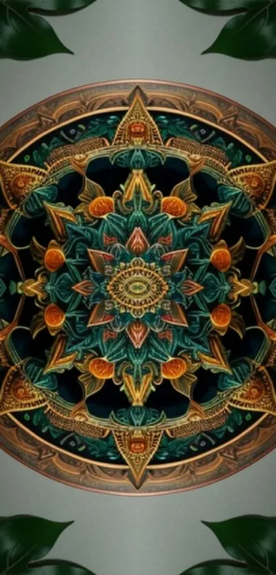 Intricate mandala art wallpaper with dark green and earthy tones.