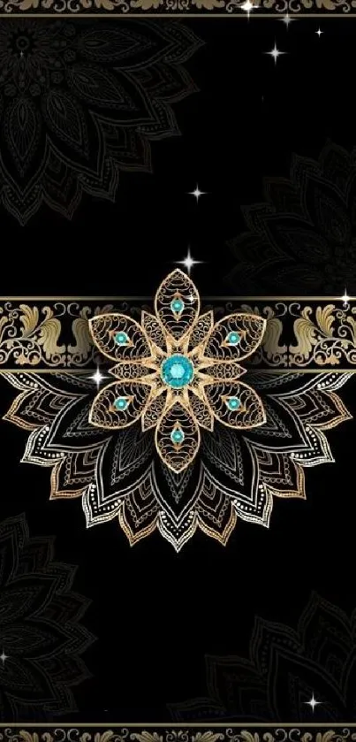 Black and gold mandala wallpaper with turquoise accents.