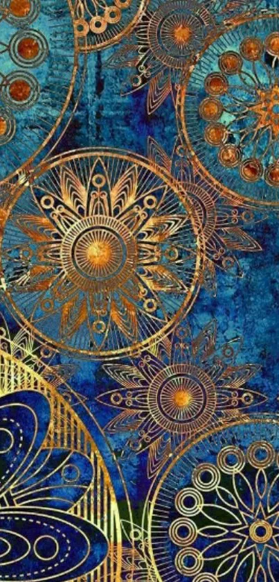 Elegant mandala wallpaper with gold patterns on blue background.