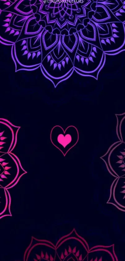 Elegant mandala mobile wallpaper with heart, featuring purple and pink hues.