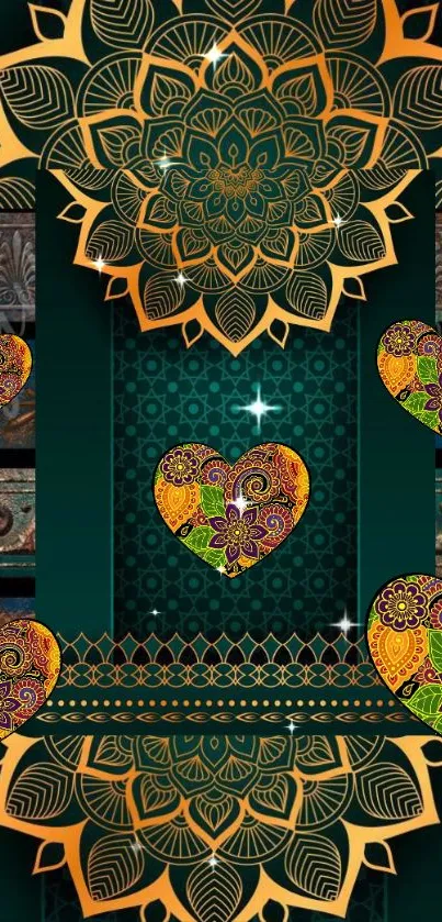 Intricate mandala and heart design wallpaper with emerald background.