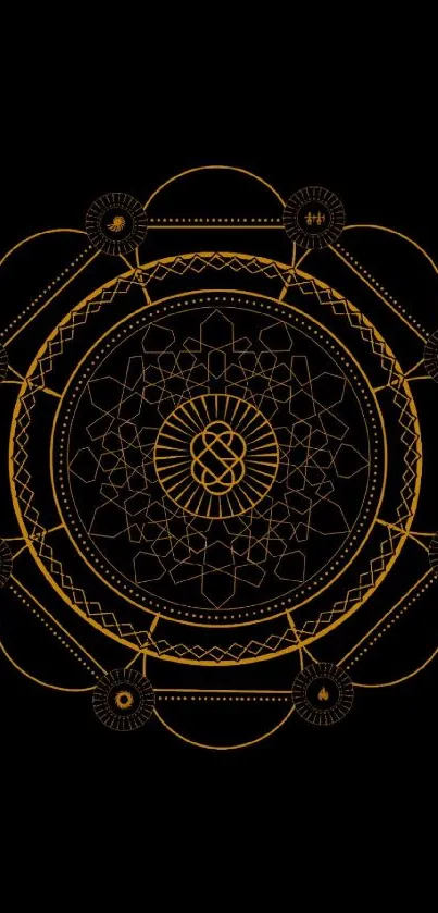 Elegant golden mandala on black wallpaper for mobile phones.