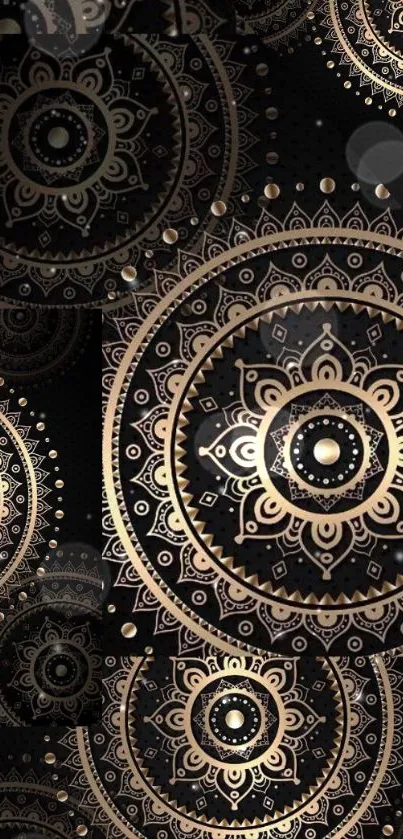 Black and gold mandala pattern wallpaper with ornate details.