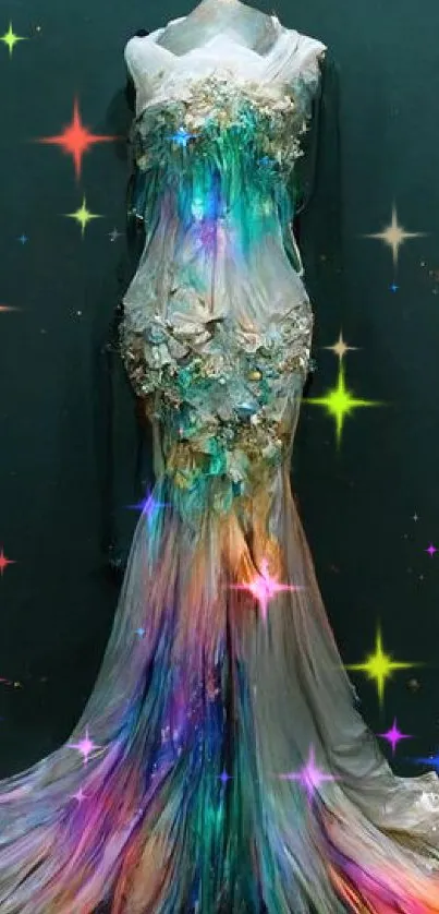 Elegant mannequin with a rainbow flowing gown against a dark cyan background.