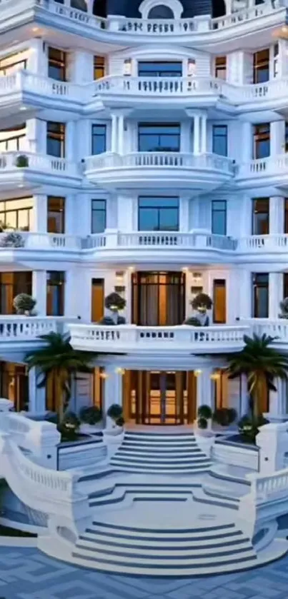 Elegant white mansion with grand stairway and classic design.