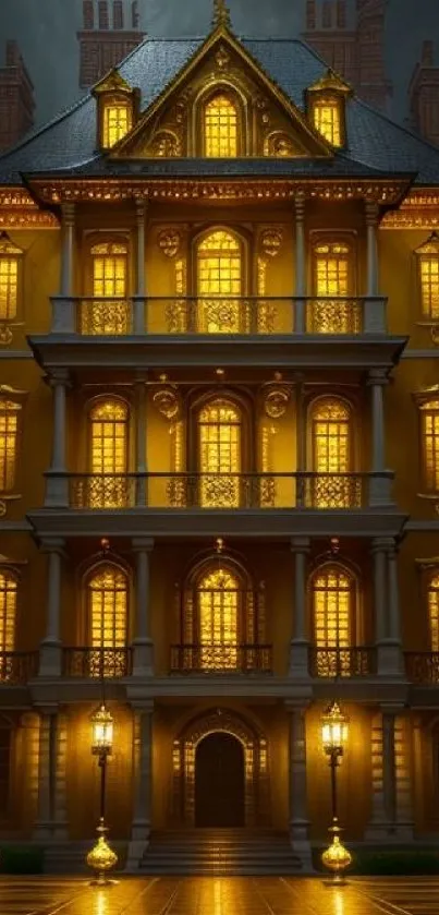 Illuminated mansion at nighttime with glowing yellow lights.